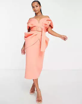 Розовое платье миди с драпировкой и поясом ASOS DESIGN Petite
