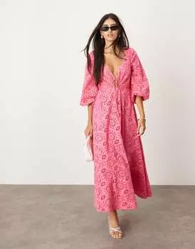 Розовое платье миди с кружевным вырезом и вырезом спереди ASOS Edition