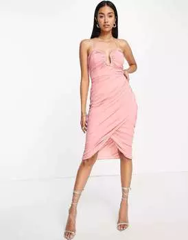 Розовое платье миди с отделкой груди Rare London