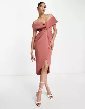 Розовое платье миди с открытыми плечами и закрученным передом ASOS DESIGN