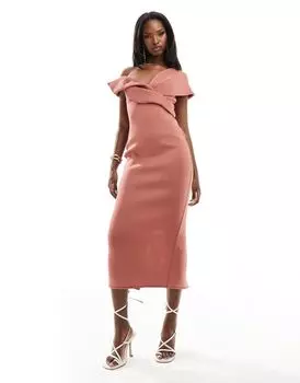 Розовое платье миди с открытыми плечами и складками на груди ASOS DESIGN