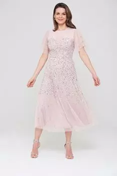 Розовое платье миди с пайетками и вырезом в форме сердца Amelia Rose, розовый