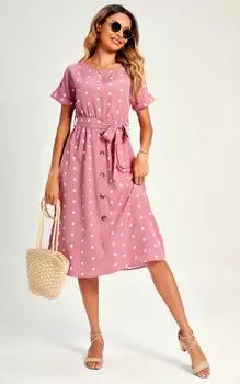 Розовое платье миди с пуговицами в горошек FS Collection, розовый