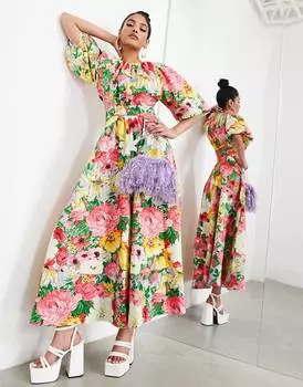 Розовое платье миди с пышными рукавами и вырезом на спине ASOS EDITION