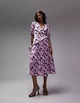 Розовое платье миди с запахом и цветочным принтом Topshop