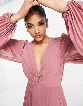 Розовое платье миди со складками и глубоким вырезом ASOS DESIGN