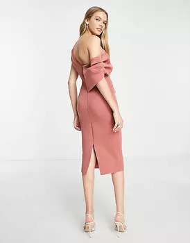 Розовое платье миди со складками на спине и спущенными плечами ASOS DESIGN