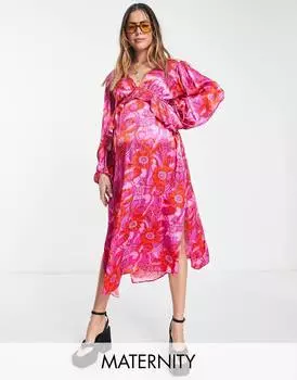 Розовое платье миди в стиле ретро с баской и оборками Topshop Maternity