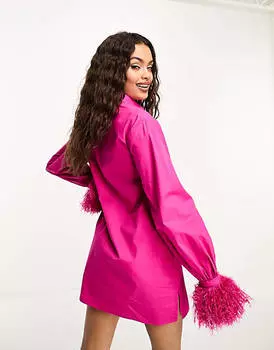 Розовое платье мини-рубашка с искусственными перьями Jaded Rose Petite