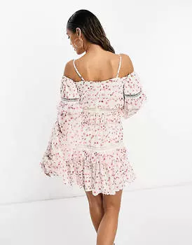 Розовое платье мини с длинными рукавами и кружевной отделкой ASOS DESIGN
