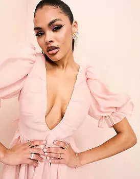 Розовое платье мини с глубокими рукавами и пышными рукавами ASOS LUXE