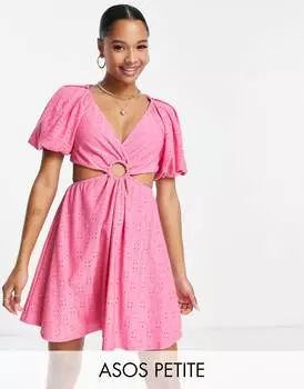 Розовое платье мини с объемными рукавами и вырезами ASOS DESIGN Petite Petite