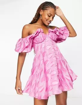 Розовое платье мини с открытыми плечами и объемными рукавами ASOS DESIGN