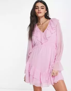Розовое платье мини с приталенным шифоном и оборками ASOS DESIGN