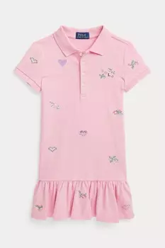 Розовое платье-поло из эластичной сетки с вышивкой для девочек Polo Ralph Lauren, розовый