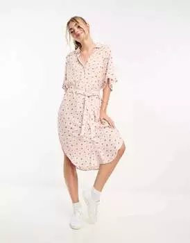 Розовое платье-рубашка миди с завязкой на талии Monki