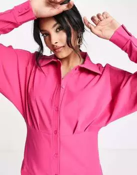 Розовое платье-рубашка мини с длинными рукавами и рюшами ASOS