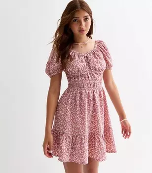 Розовое платье с цветочным принтом и бантом для девочек New Look, красный