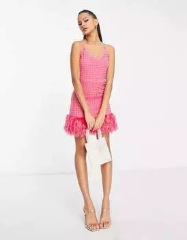 Розовое платье-сарафан Miss Selfridge с отделкой стразами и подолом из искусственных перьев