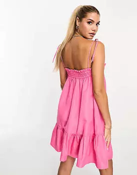 Розовое платье-трапеция со сборками из потертого поплина