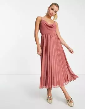 Розовое плиссированное платье миди с воротником-хомутом и завязкой на талии ASOS DESIGN