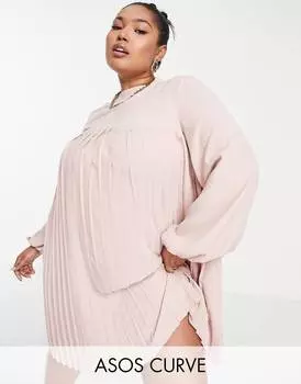 Розовое плиссированное платье мини-трапеция с высоким вырезом ASOS DESIGN Curve