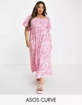 Розовое пляжное платье макси под зебру ASOS DESIGN Curve Curve с рукавами-крылышками