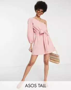 Розовое пляжное платье мини на одно плечо с сильно жатой отделкой и поясом ASOS DESIGN Tall