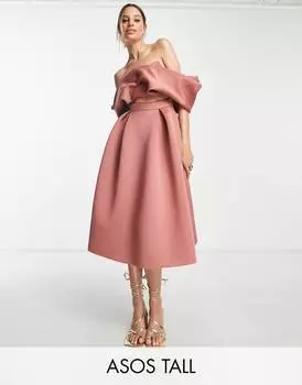Розовое приталенное платье миди с вырезами ASOS DESIGN Tall Bardot