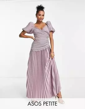 Розовое приталенное платье с пышными рукавами и кружевной отделкой ASOS DESIGN Petite