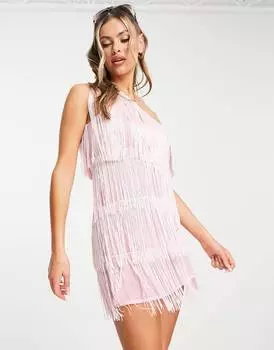 Розовое ярусное пляжное мини-платье с бахромой ASOS DESIGN