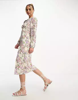 Розовое с фиолетовым цветочным принтом платье миди с длинными рукавами Vero Moda