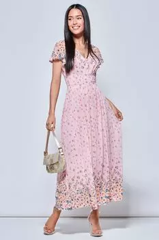 Розовое сетчатое платье макси с зеркальным цветочным узором Jolie Moi, розовый