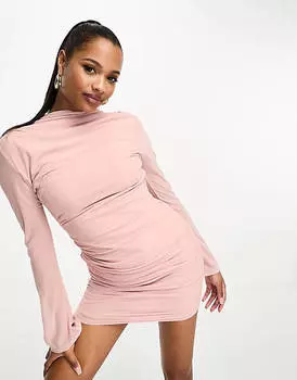 Розовое сетчатое платье мини со сборками и высоким воротником ASOS DESIGN Petite