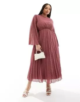 Розовое шифоновое платье миди со складками и шевронным принтом ASOS DESIGN Curve с завязками на спине и рифлеными рукавами