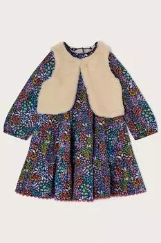 Розовое трикотажное платье с цветочным принтом Monsoon и жилет из искусственного меха Monsoon, розовый