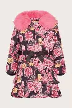 Розовое утепленное пальто с цветочным узором и рюшами Monsoon, розовый