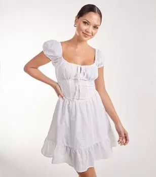 Розовое ванильно-белое мини-платье с пышными рукавами и вышивкой Broderie Pink Vanilla, белый