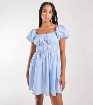 Розовое ванильно-синее хлопковое мини-платье с пышными рукавами Pink Vanilla, синий