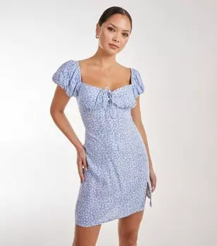 Розовое ванильно-синее мини-платье доярки с цветочным принтом Pink Vanilla, синий