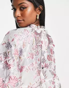 Розовое жаккардовое платье мини с цветочным принтом ASOS DESIGN Pephem и завязывающимся воротником