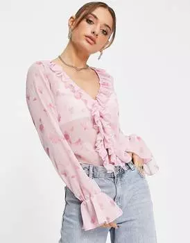 Розовые цветочные рукава с оборкой и пуговицами спереди ASOS DESIGN