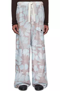 Розовые и синие шелковые брюки-карго с завязками на завязках Dries Van Noten