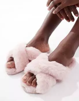 Розовые меховые тапочки с перекрестными ремешками Sheepskin by Totes