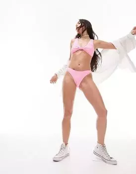 Розовые плавки бикини с завышенной талией и оборками Topshop