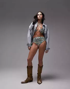 Розовые плавки бикини с завышенной талией и рюшами по бокам Topshop.