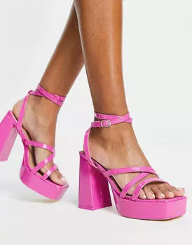 Розовые расклешенные босоножки на платформе на каблуке с ремешками New Look