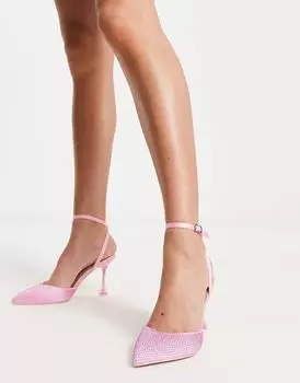 Розовые туфли на каблуке New Look с отделкой стразами и ремешком на пятке