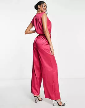 Розовый атласный комбинезон с глубоким вырезом и широкими штанинами Aria Cove
