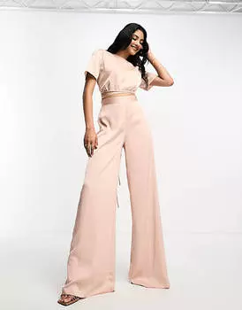 Розовый атласный комбинезон с завязками на талии ASOS DESIGN 2 в 1
